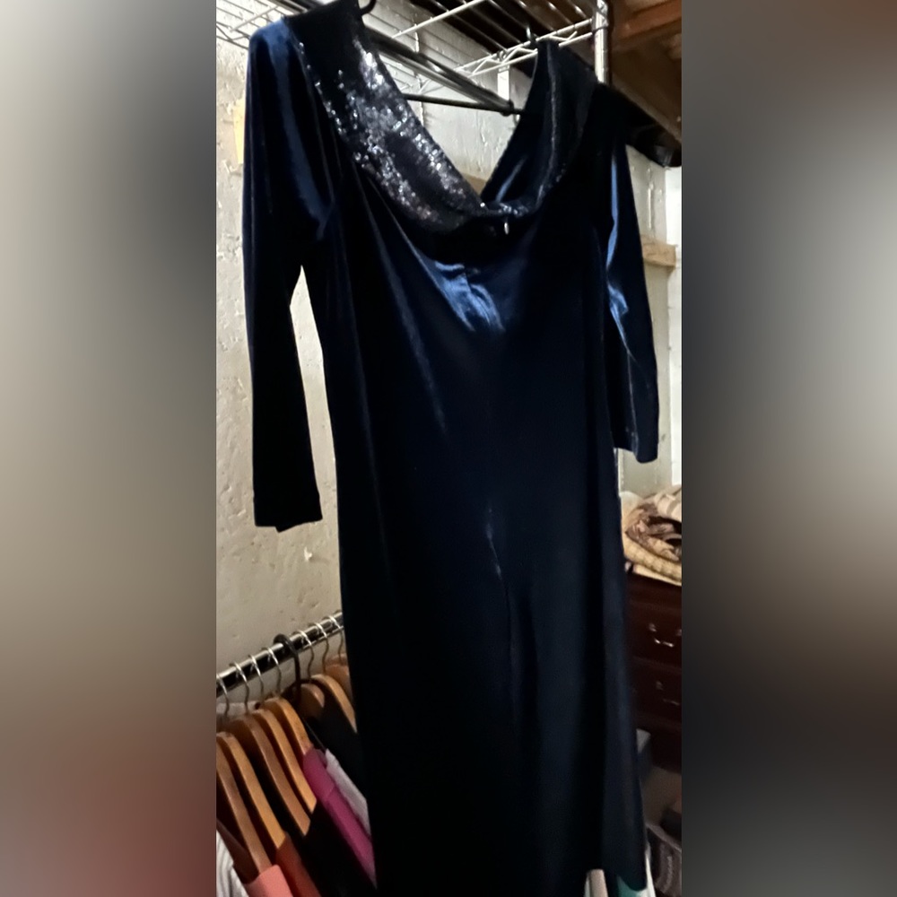 Carla Zampatti velvet dress, size 12, off the shoulder with black sequins